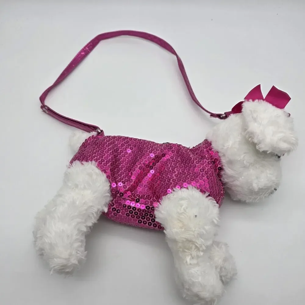Poochie & Co White Poodle Plush Purse Hot Pink Sequin Girls Shoulder Bag